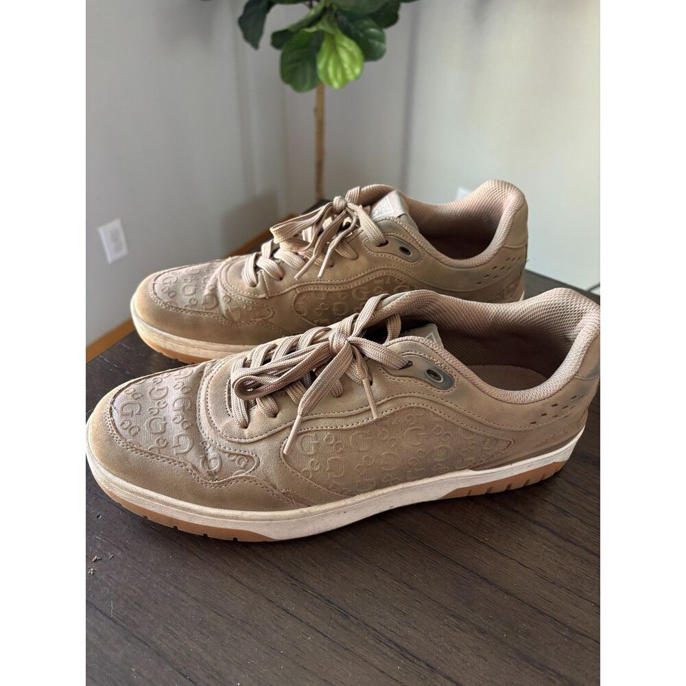 Guess Mens Nanon Sneakers Taupe Logo Faux-Suede Low Top - Size 10.5